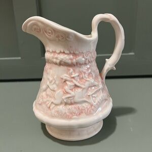 Vintage Pink and White Witches Pursuit Ceramic Pitcher 1960’s Era- Artist signed